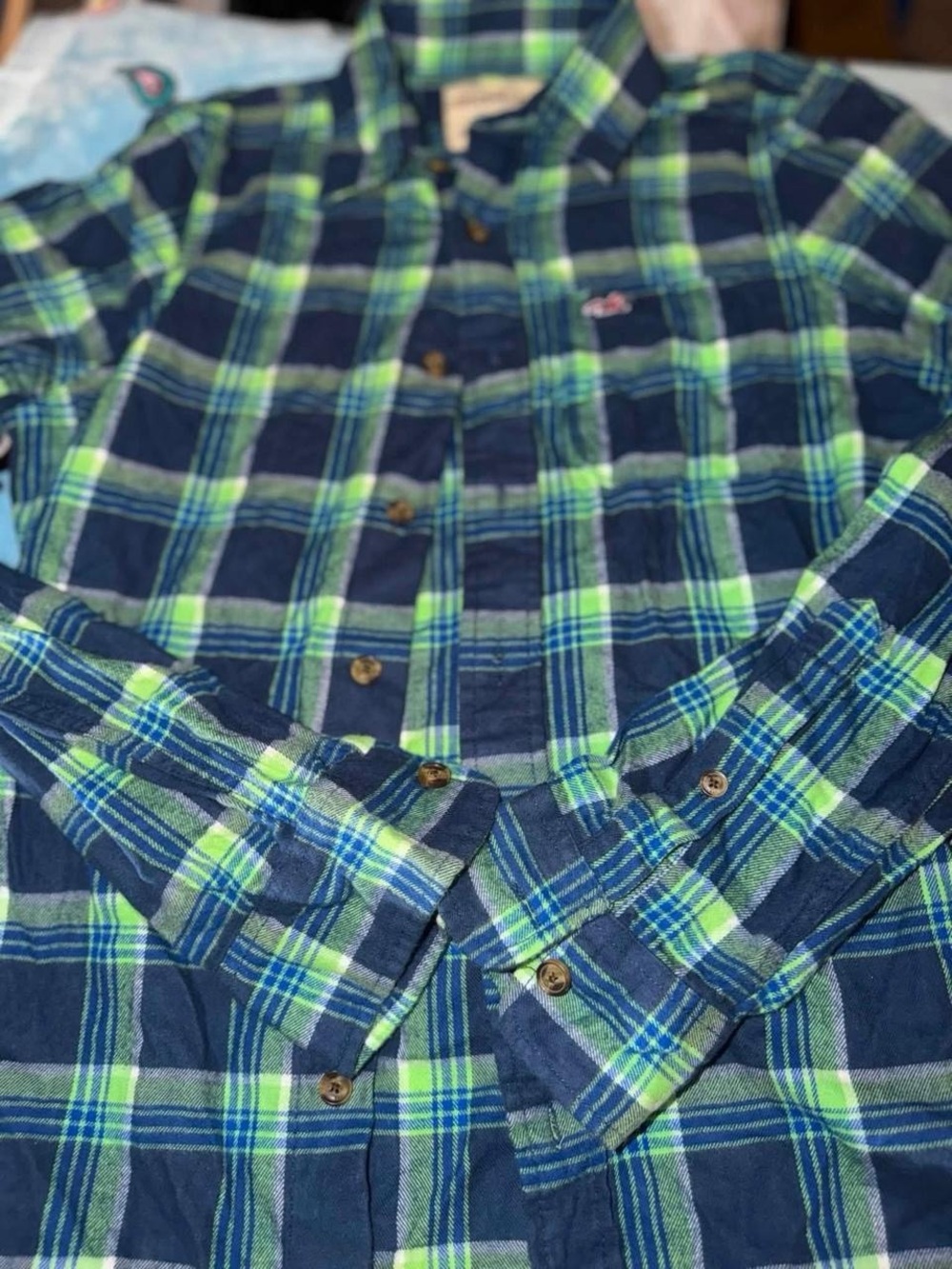Hollister Navy and Lime Green Plaid Cotton Button-Down Shirt